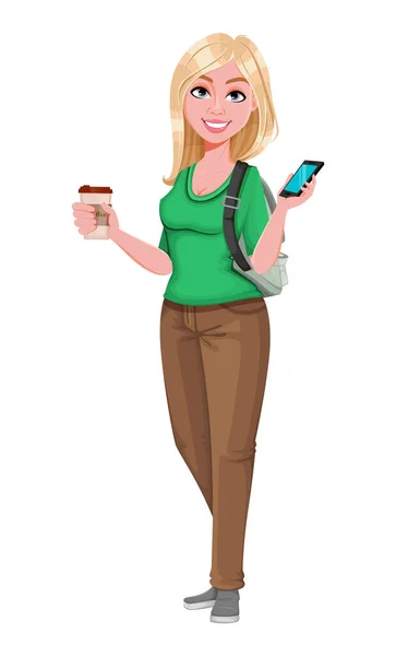 年轻快乐的女生拿着智能手机和咖啡 快乐的女生卡通人物 矢量说明 — 图库矢量图片