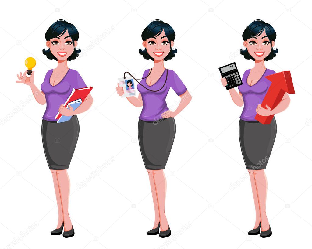 Young beautiful business, set of three poses. Cute businesswoman cartoon character having a good idea, holding badge and holding calculator and red arrow. Vector illustration