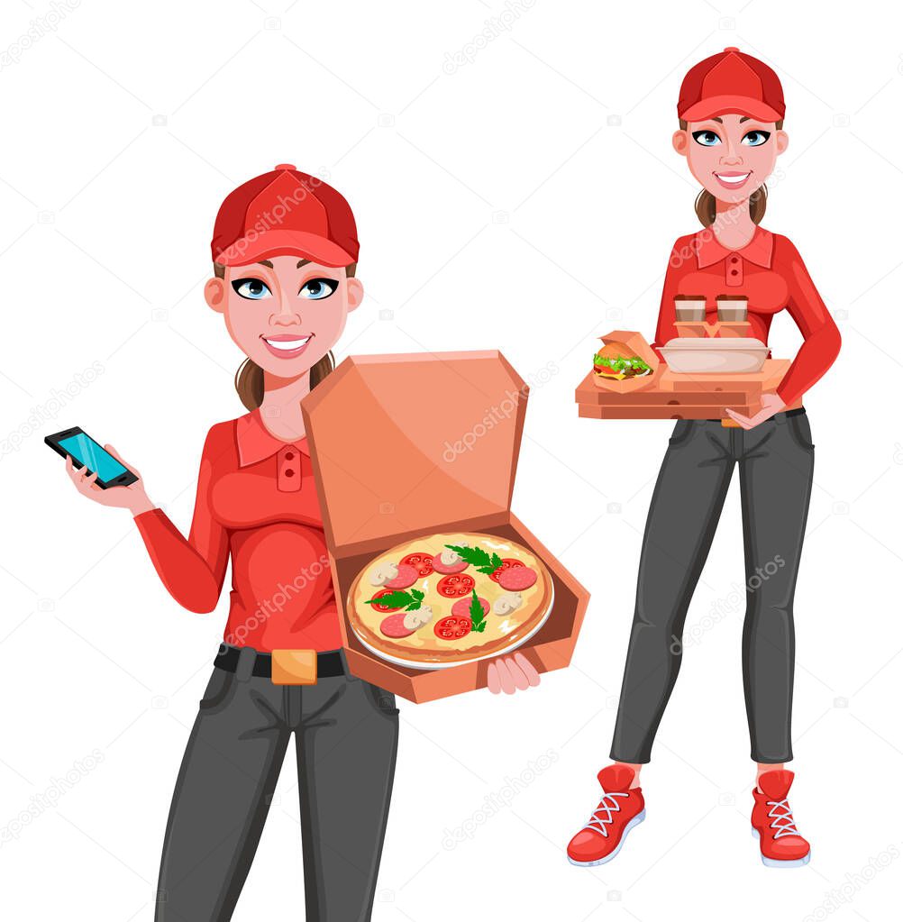 Courier woman with food, set of two poses. Delivery service concept. Cheerful delivery woman cartoon character. Vector illustration