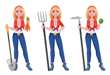 Mutlu gülümseyen çiftlik kızı, üç poz. Güzel bir çiftçi kadın çizgi film karakteri elinde bahçe aletleri tutuyor. Vektör illüstrasyonu 