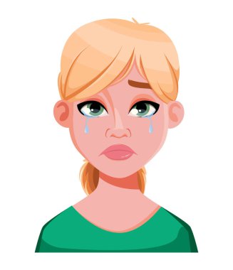 Ağlayan güzel doktor kadının yüz ifadesi. Kadınsal duygular. Sevimli çizgi film karakteri. Vektör illüstrasyonu beyaz arkaplanda izole edildi.