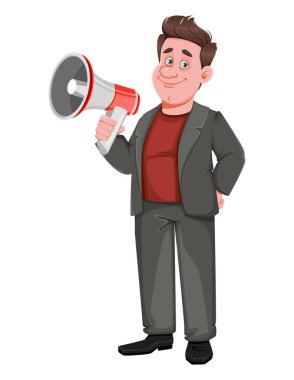 Gülümseyen orta yaşlı iş adamı hoparlörü tutuyor. Mutlu yakışıklı iş adamı çizgi film karakteri. Vektör illüstrasyonu