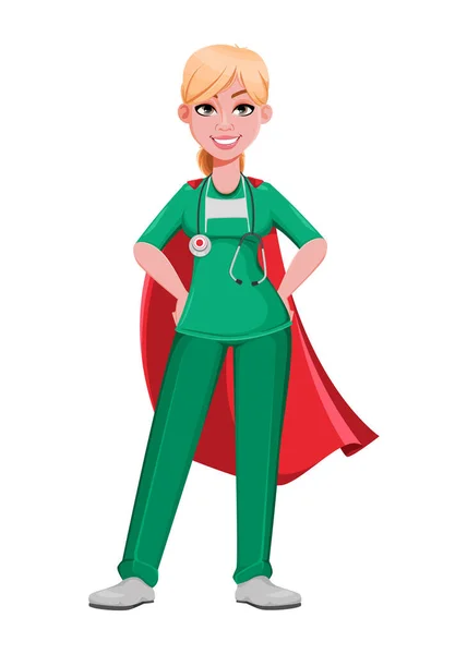 Beautiful Woman Doctor Wearing Superhero Cloak Female Medical Doctor Nurse — Stock Vector