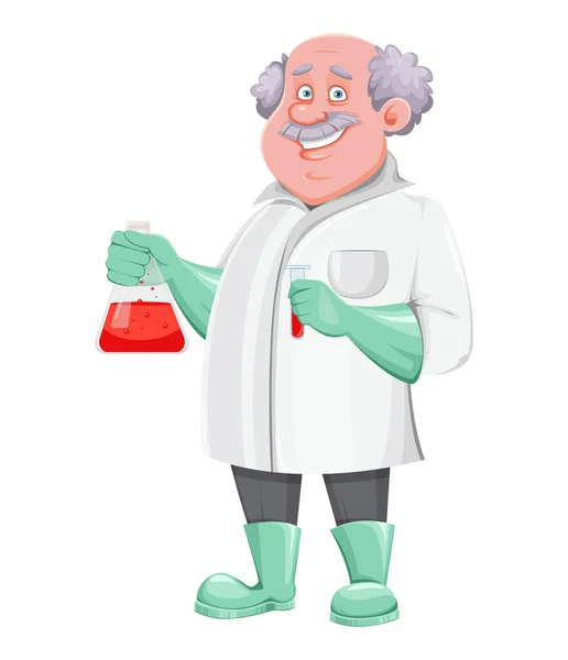 先生漫画のキャラクター保持テスト管 科学者 化学者 実験助手 発明家 教師などとしても使用できます 白い背景のベクトルイラスト — ストックベクタ