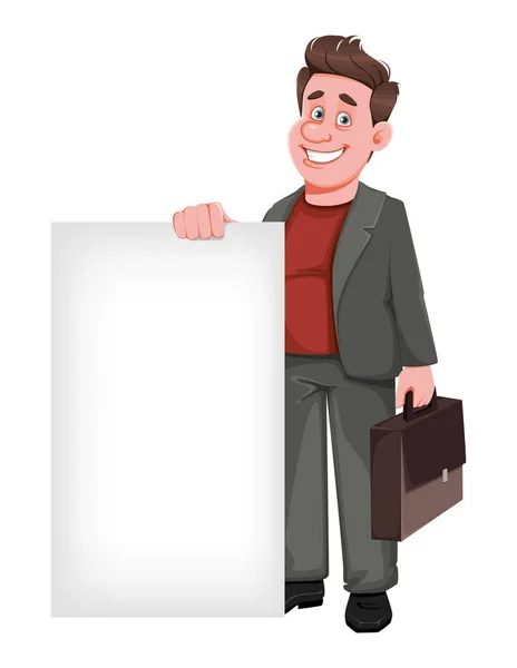 大きな空白のバナーの近くに立っている中年のビジネスマンの笑顔 幸せなハンサムなビジネスマン漫画のキャラクター ベクターイラスト — ストックベクタ