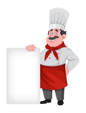 Yakışıklı şef çizgi film karakteri boş levha tutuyor. Profesyonel üniformalı neşeli aşçı. Vektör illüstrasyonu