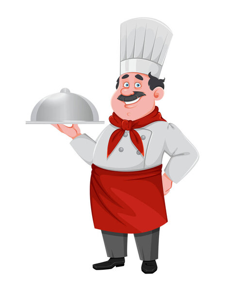 Handsome chef cartoon character. Cheerful cook in professional uniform.  Vector illustration