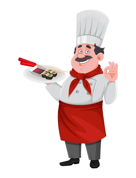 Guapo Chef Dibujos Animados Personaje Celebración Placa Con Rollos Alegre — Vector de stock