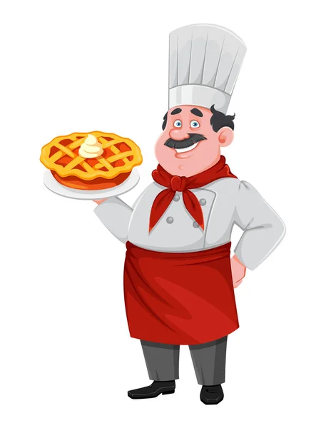 Beau Chef Personnage Dessin Animé Tenant Tarte Sucrée Joyeux Cuisinier — Image vectorielle