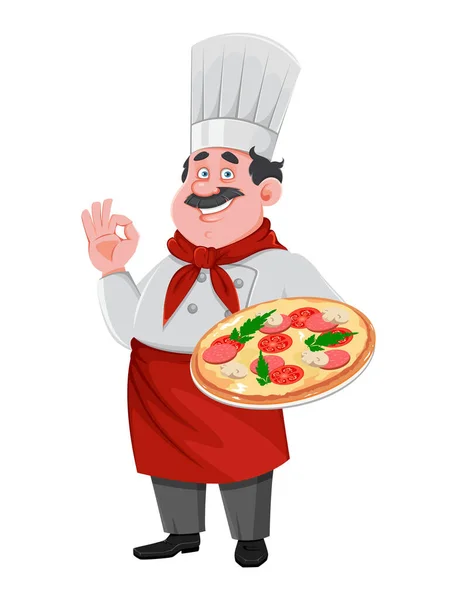 Beau Chef Personnage Dessin Animé Tenant Pizza Joyeux Cuisinier Uniforme — Image vectorielle