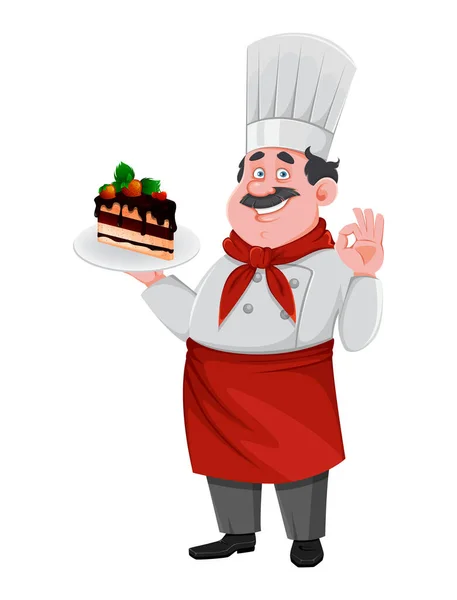 Guapo Personaje Dibujos Animados Chef Sosteniendo Pedazo Pastel Chocolate Sabroso — Vector de stock