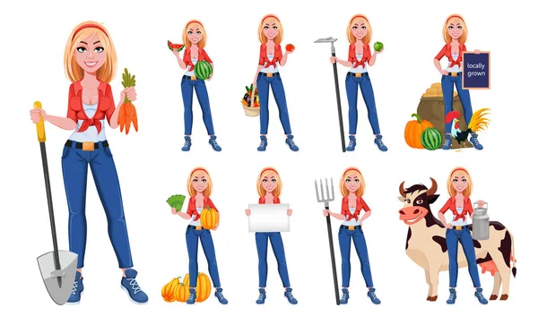 Feliz Chica Granja Sonriente Conjunto Nueve Poses Hermosa Campesina Personaje — Vector de stock