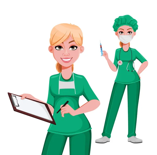 Médica Bonita Conjunto Duas Poses Médica Enfermeira Personagem Cartoon Segurando — Vetor de Stock