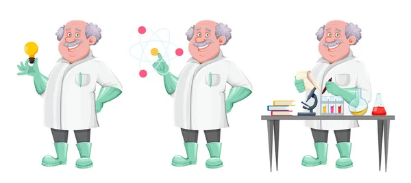 Yakışıklı Profesör Çizgi Film Karakteri Pozlu Bilim Adamı Kimyager Laboratuvar — Stok Vektör