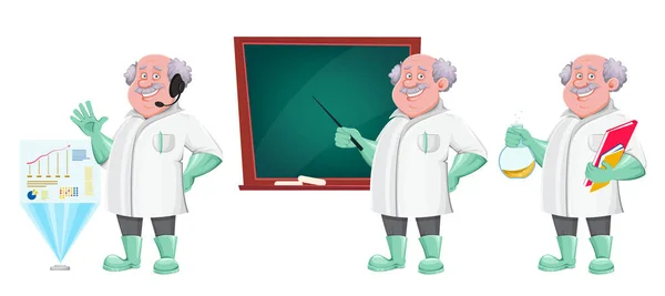 Vicces Rajzfilmfigura Professzor Három Pózban Használható Tudósként Vegyészként Laboratóriumi Asszisztensként — Stock Vector
