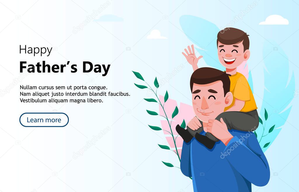 Happy Father's day greeting card. Handsome dad holding his son on shoulders. Vector illustration, usable for website, landing page etc.