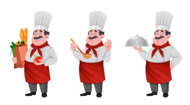 Yakışıklı şef çizgi film karakteri, üç pozlu. Profesyonel üniformalı neşeli aşçı. Vektör illüstrasyonu