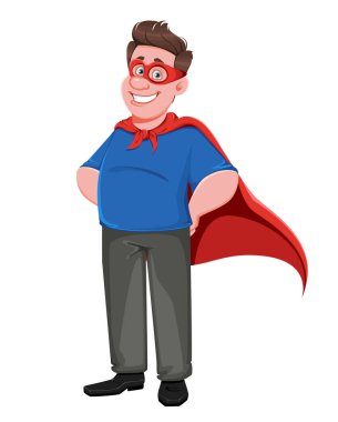 Babalar günü tebrik kartı. Süper kahraman kostümlü yakışıklı baba. Beyaz arkaplanda vektör illüstrasyonu