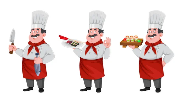 Guapo Personaje Dibujos Animados Chef Conjunto Tres Poses Cocinero Alegre — Vector de stock
