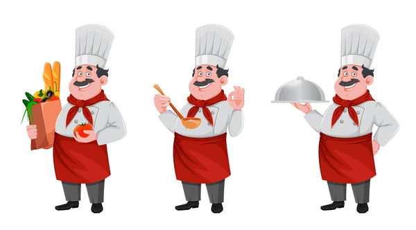 Guapo Personaje Dibujos Animados Chef Conjunto Tres Poses Alegre Cocinero — Vector de stock