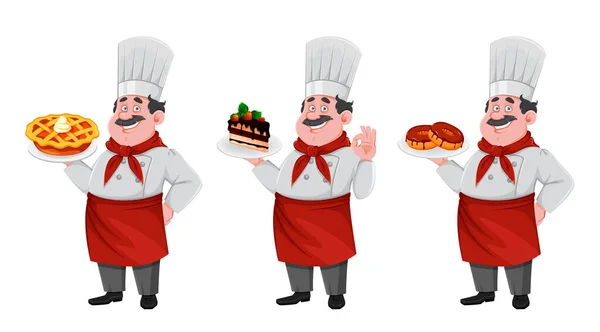 Beau Chef Personnage Dessin Animé Ensemble Trois Poses Joyeux Cuisinier — Image vectorielle