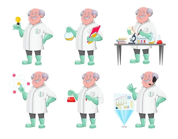 卡通人物教授 一组六个姿势 可作为科学家 化学家 实验室助理 发明家 教师等 矢量说明 — 图库矢量图片
