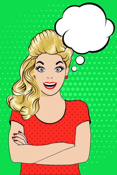Вектор поп-арта молодой веселой улыбающейся женщины
.