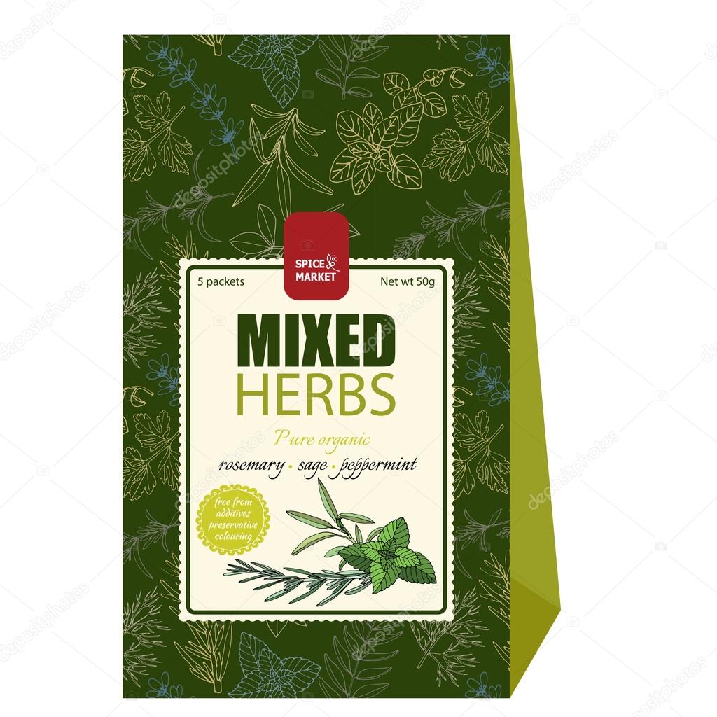 Labels and packaging design for food, spices and herbs. Food packaging design in trendy hand drawn style. Vector