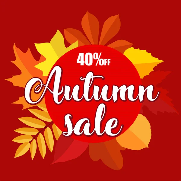 Bannière de vente d'automne avec feuilles d'automne sur fond rouge . — Image vectorielle