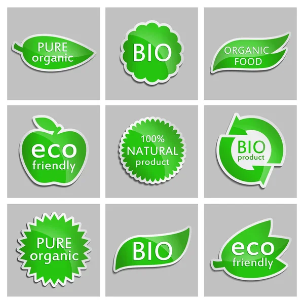 Grüne Aufkleber umweltfreundlich, bio, rein biologisch, Bio-Lebensmittel, Naturprodukt, Bio-Produkt. eingestellt. — Stockvektor