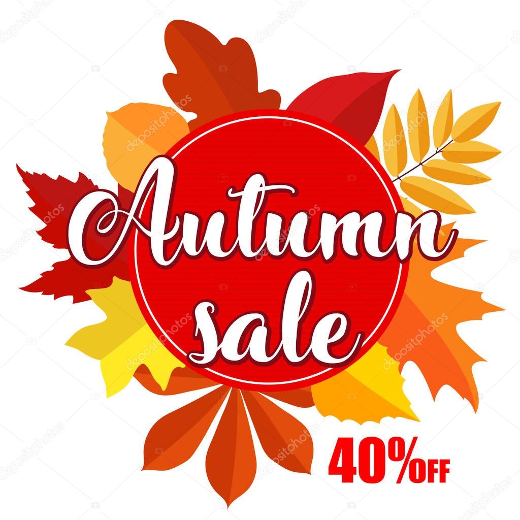Bright banner for autumn sale on white background with colorful fall leaves.