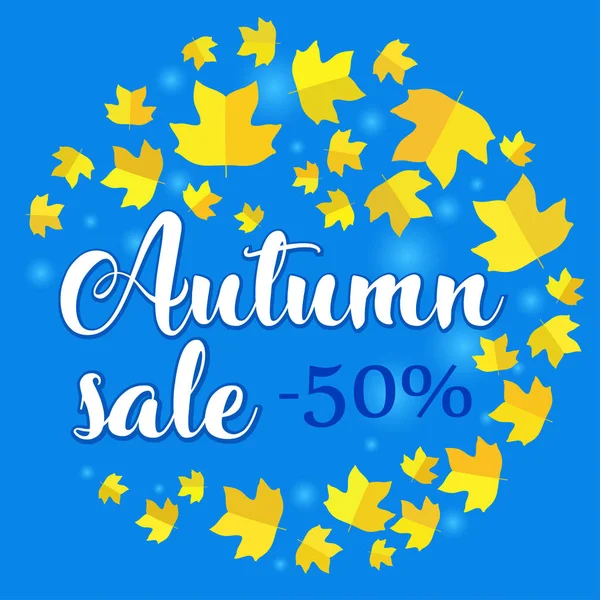 Autumn sale banner with fall leaves on blue background. — Stock Vector