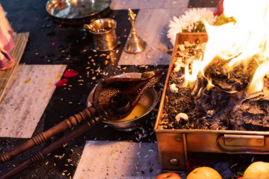 items for the Indian Yajna ritual. Indian Vedic fire ceremony called Pooja. A ritual rite, for many religious and cultural holidays and events in the Indian tradition. Hindu wedding vivah Yagya clipart