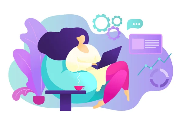 Mulher Feliz Sentada Sofá Com Laptop Mulheres Freelance Ilustração Conceitual —  Vetores de Stock