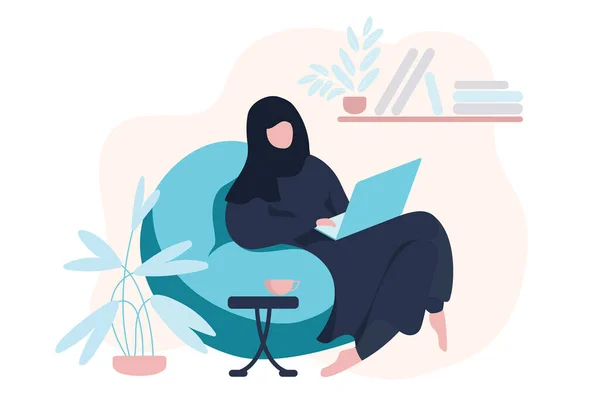 Arabisches Mädchen Hijab Mit Laptop Auf Dem Sofa Sitzend Frauen — Stockvektor