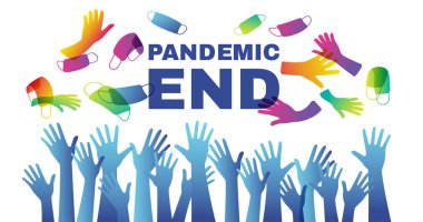 Karantina sona erdi. Pandevic sonu. Tecridi sona erdir. Coronavirus bitti. Çok renkli eller yukarı. Bir grup insan, koruyucu eldivenlerle ellerini kaldırarak tezahürat yapar ve koruyucu maskeler takar.
