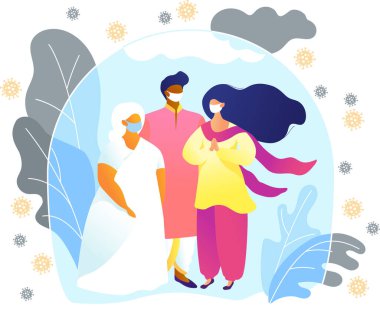 Mutlu Hintli koca eşi ve geleneksel kıyafetler giyen yaşlı anne virüslerden ve hastalıklardan korunuyor. Bağışıklık, aşı ve sağlıklı bir yaşam tarzı. Aile portresi Düz vektör