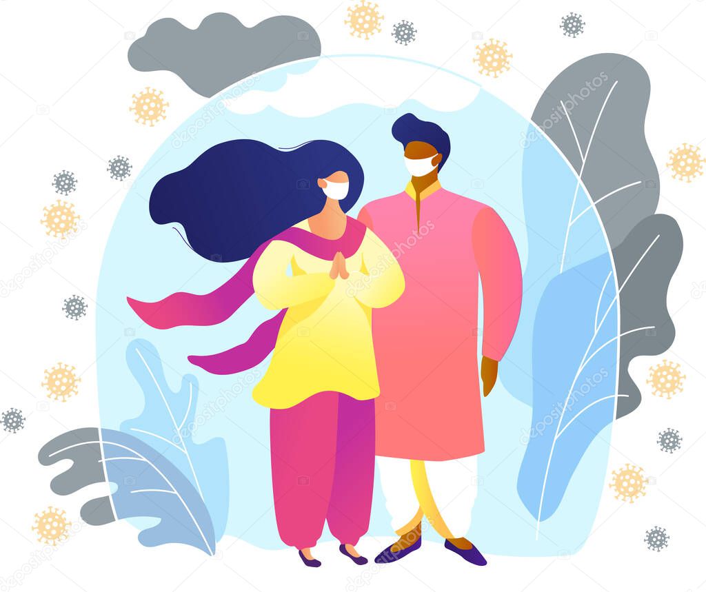 Happy Indian Young Couple In Traditional Clothes Are Protected From Viruses And Diseases Immunity Vaccination And A Healthy Lifestyle Hindu Family Flat Vector Wife Protects Family With Prayers Premium Vector In wdrfree