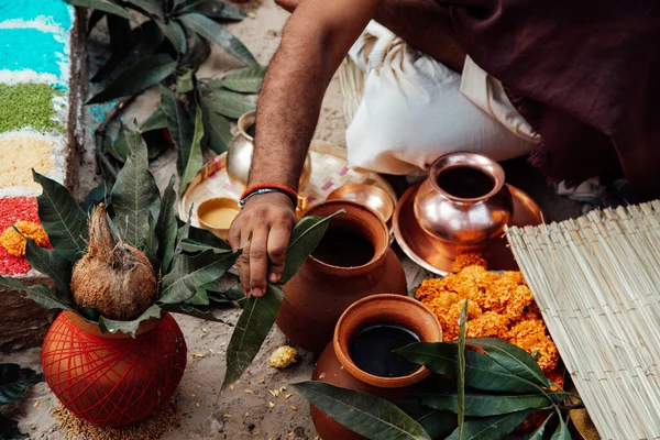 Items Voor Het Indiase Yajna Ritueel Authentieke Vedische Vuurceremonie Genaamd — Stockfoto