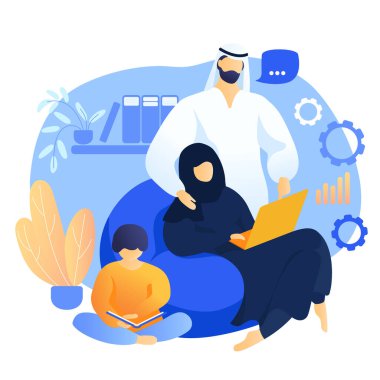Arap ailesi evde birlikte çalışıyor. Kadın kocasının online çalışmasına yardım ediyor ve çocuk da kitap okuyor. Serbest çalışıyorum. Çalışma, öğrenim, eğitim, evden, evden çalışma kavramı. Koronavirüs, kendini izole etme..