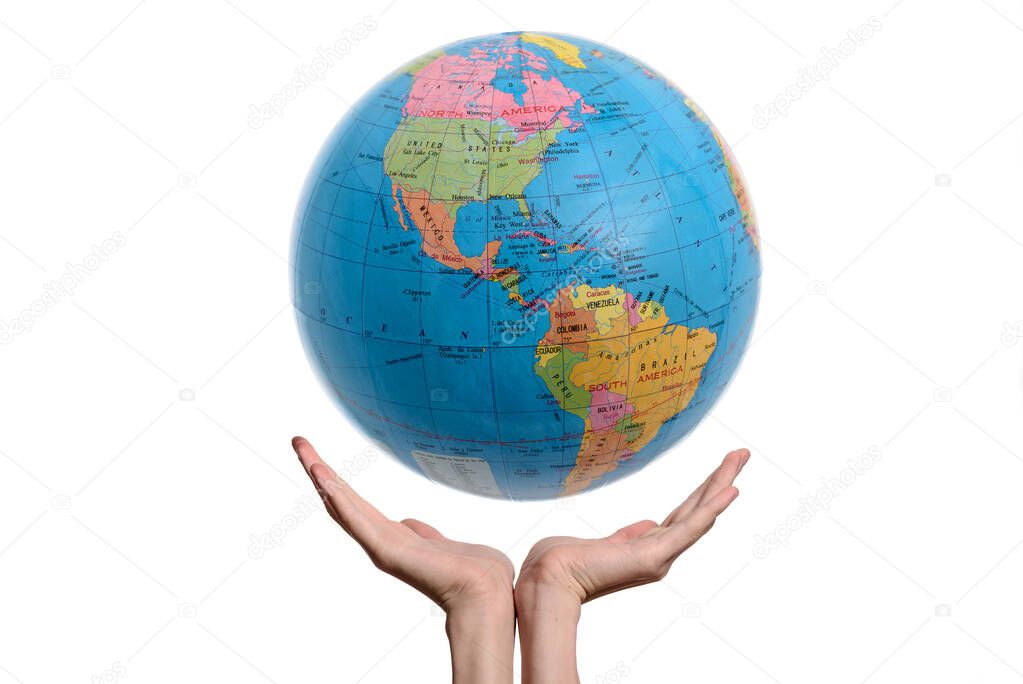 Hands Holding The Earth Globe. Concept image about to save or protect the planet, isolated on white background.