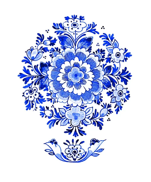 Delft blue style watercolour illustration. Traditional Dutch floral motif, flowers in circular rosette pattern, cobalt on white background. Element for your design.