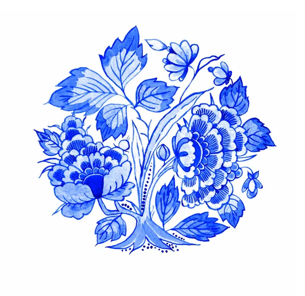 Delft blue style watercolour illustration. Traditional Dutch floral motif, peony flowers in rosette composition, cobalt on white background. Element for your design.