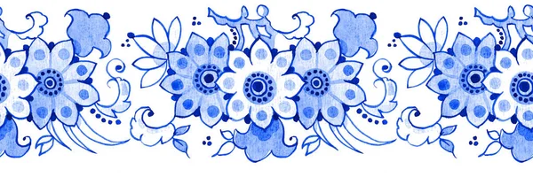 Delft blue style watercolour seamless border. Traditional Dutch floral motif, blossoming tree branch, cobalt on white background. Wallpaper. textile print.