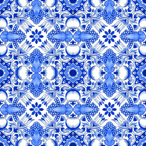 Delft blue style watercolour seamless pattern. Traditional Dutch tile, a floral motif with tulips, pomegranates, grape bunches, acorns and geometric shapes, cobalt on white background. Wallpaper. Textile print.