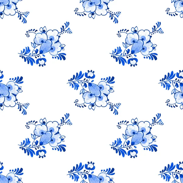 Delft blue style watercolour seamless pattern. Traditional Dutch floral motif with flowers and buds, cobalt on white background. Wallpaper. Textile print.