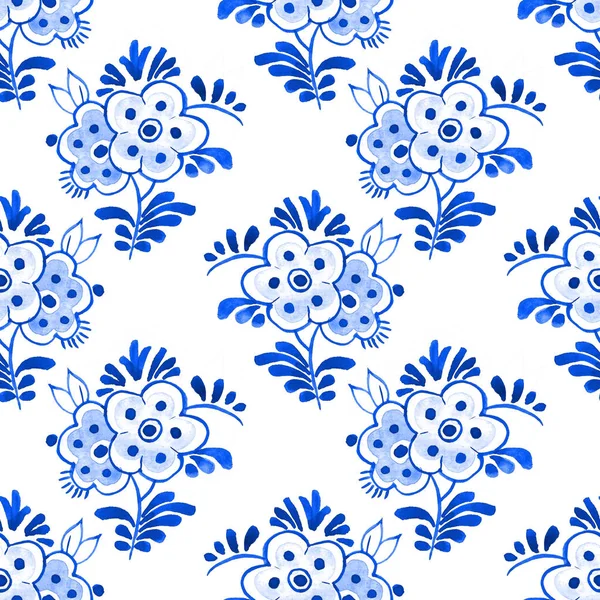 Delft blue style watercolour seamless pattern. Traditional Dutch floral motif with double flowers, cobalt on white background. Wallpaper. Textile print.