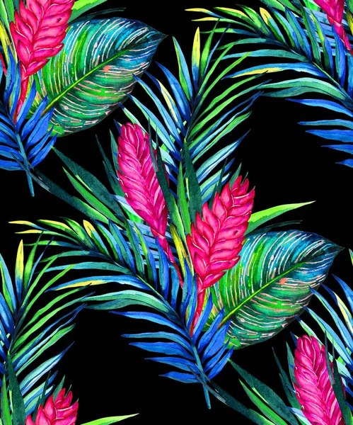 Tropical floral seamless  pattern. Watercolor exotic palm and calathea leaves, flowers of bromelia. Vivid colors on black background. Textile design.