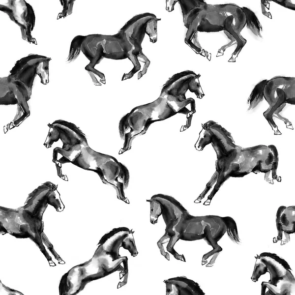 Seamless pattern with running and jumping horses, handmade ink painting, isolated on white background. Chinese zodiac background. Textile design.