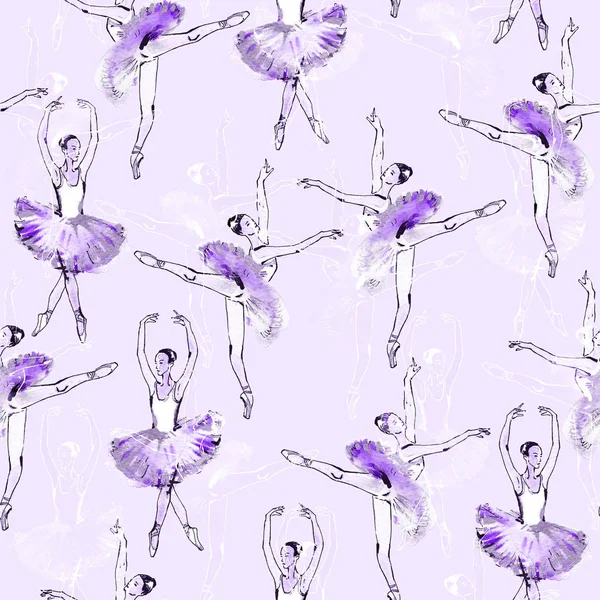 Ballerinas violet background. Seamless pattern of ballet dancers, black and silver drawing, watercolor painting, on purple background.